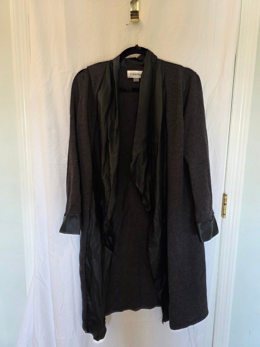 Calvin Klein Charcoal Gray Long Open Cardigan Satin Trim Cuffs Size L